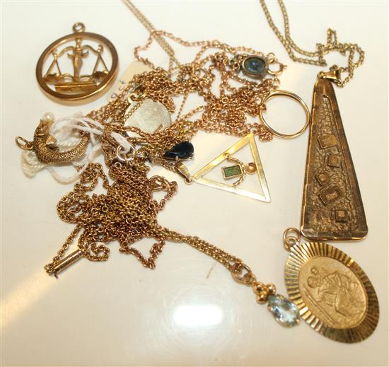 8 x 9ct gold pendants and 3 gold chains with paste pendants